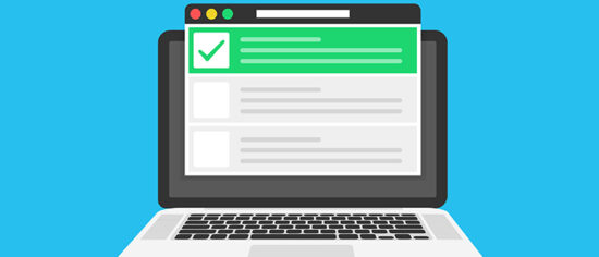 Checklist browser window. Check mark. White tick on laptop screen. Choice, survey concepts. Elements for web banners, websites, infographics. Flat design, vector illustration on background.