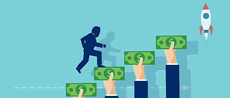 Vector of a businessman climbing up the stairs made of hands holding money.