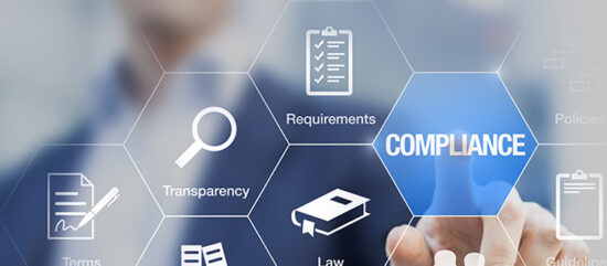 Compliance concept with icons, virtual screen, businessman touching button