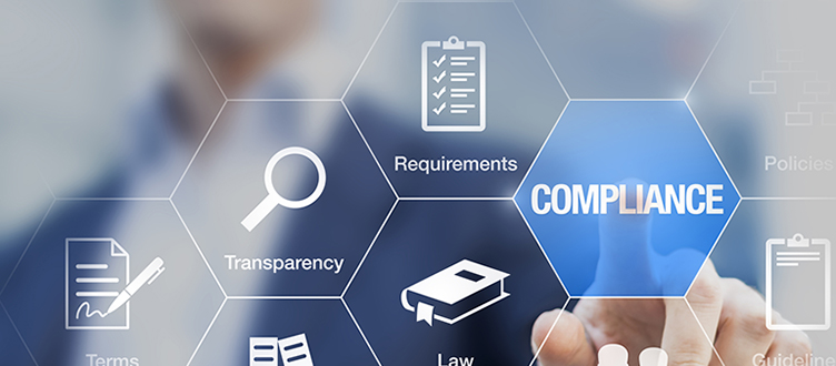 Compliance concept with icons, virtual screen, businessman touching button