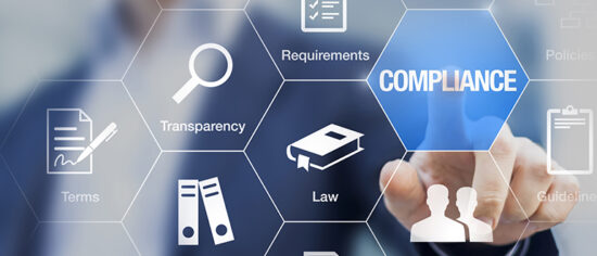 Compliance concept with icons, virtual screen, businessman touching button