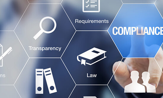 Compliance concept with icons, virtual screen, businessman touching button
