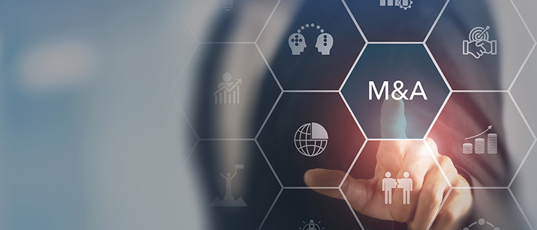 Business mergers and acquisitions concept. Share acquisition, asset business acquisition, amalgamation. Business review and development model. The abbreviation M and A on smart background, copy space.